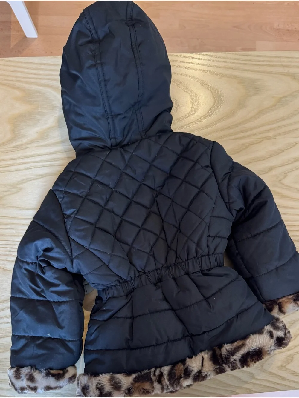 okie dokie Black Quilted Puffer Coat with Leopard Trim